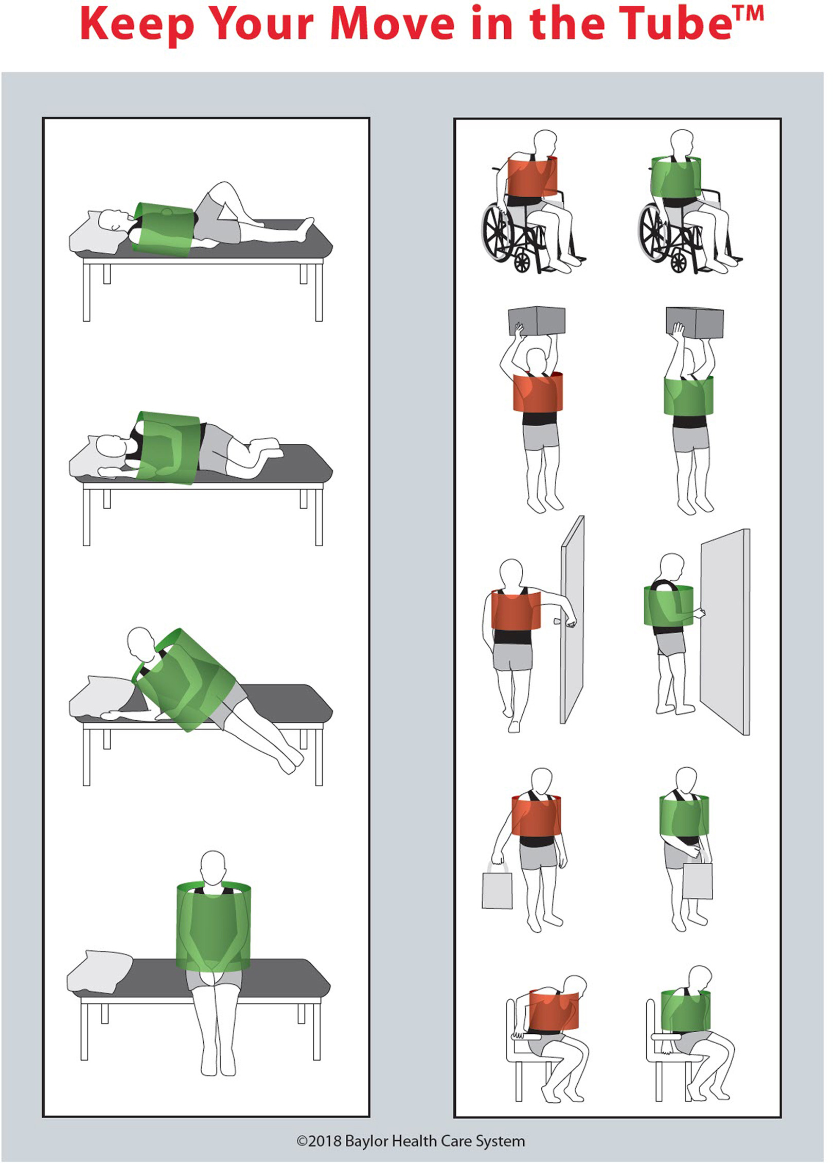 Keep your Move in the Tube shows pictures of people lying down and sitting and standing, keeping their movements inside an imaginary tube around their chest